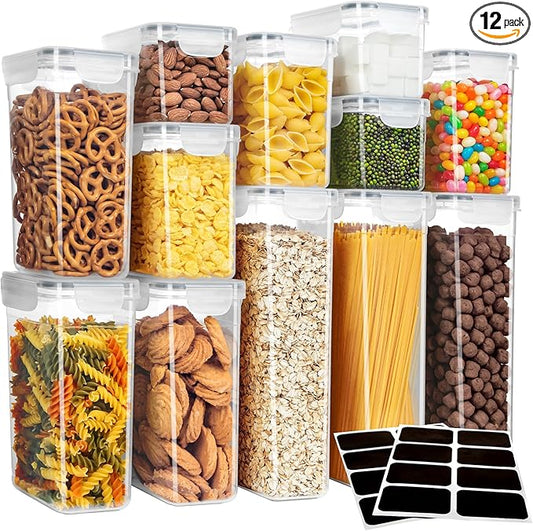 MR.SIGA 12 Pack Airtight Food Storage Container Set, BPA Free Kitchen Pantry Organization, Kitchen Canisters for Cereal, Spaghetti, includes 16 Reusable Sticker Labels