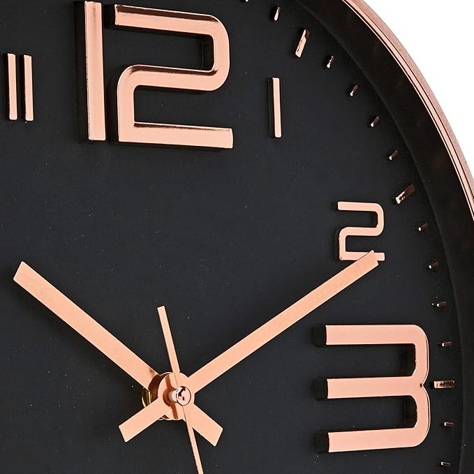 Bernhard Products Black Wall Clock - 12 Inch Rose Gold Silent Non Ticking Quality Quartz Battery Operated Easy to Read Decorative Modern Design for Home/Office/Kitchen/Bedroom/Living Room