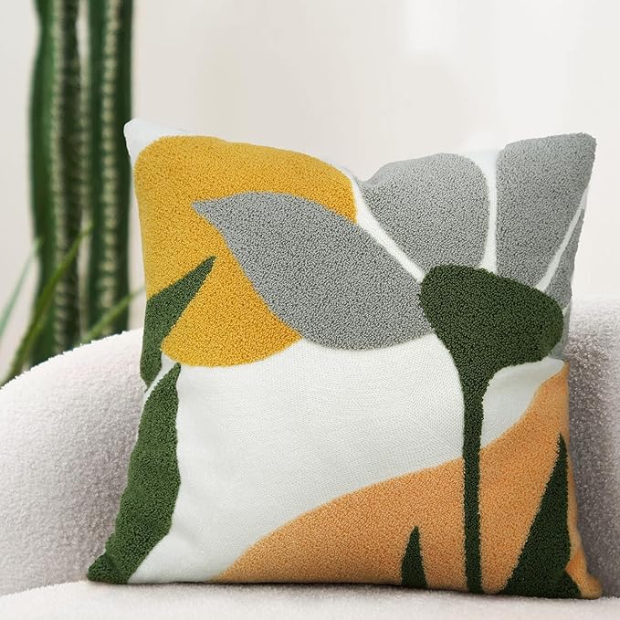 Merrycolor Boho Decorative Throw Pillow Covers Abstract Tufted Mid Century Modern Throw Pillows Leaf Sun Aesthetic Textured Pillow Cover Green Throw Pillows Cover for Bed Couch,Flower 18x18 Inch