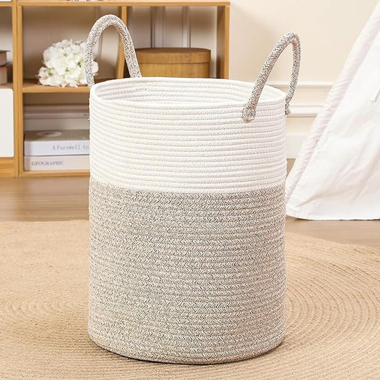 40L Woven Laundry Basket Hamper, 100% Natural Cotton Rope, Handwoven & Durable, Storage for Blankets, Toys, Clothes, Decorative Nursery Hamper for Living Room, Baby Room, Bedroom (Brown and White)