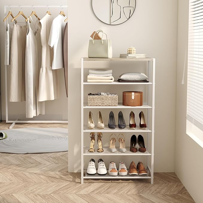 HOMEFORT Shoe Rack 6-Tier, Shoe Storage Shelf, Industrial Shoe Tower, Narrow Shoe Organizer for Closet Entryway, Small Shoe Rack Table with Durable Metal Shelves,White Oak