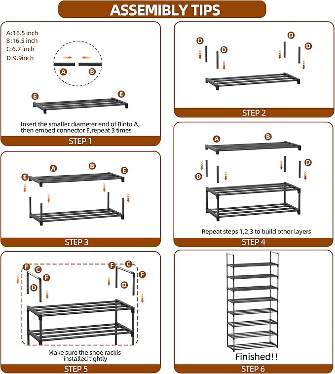 Shoe Rack, 8 Tier Tall Shoe Rack for Entryway, Shoe Orhanizer for Closet, Adjustable Shelf Height Metal Shoe Shelf, Shoe Stand for Front Door Entrance, Closet & Entryway