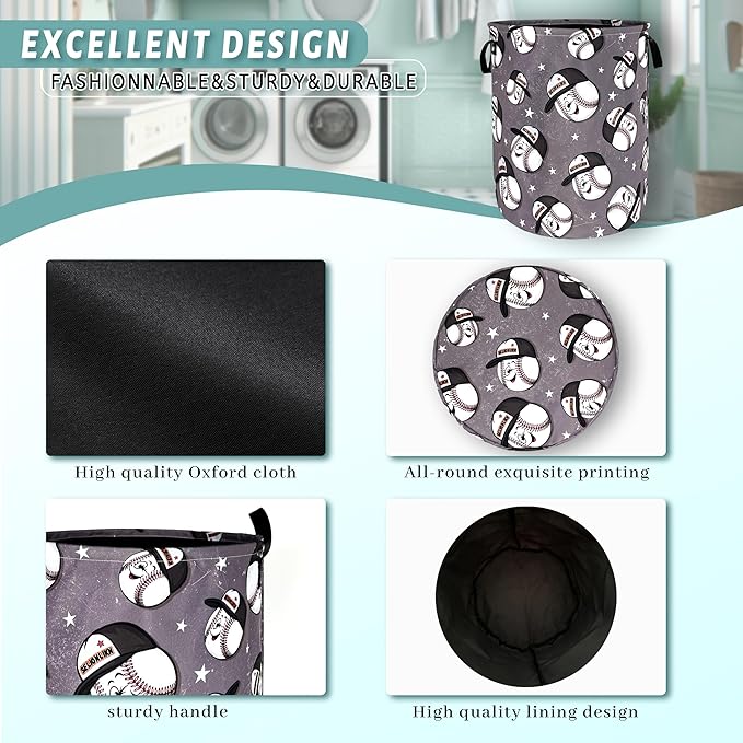 Funny Baseball Laundry Basket Foldable Oxford Cloth Baseball Laundry Hamper With Handle Portable Clothes Storage Basket 18.9 X 16.5 Inch Storage Bag For Laundry Room/Bathroom/Bedroom