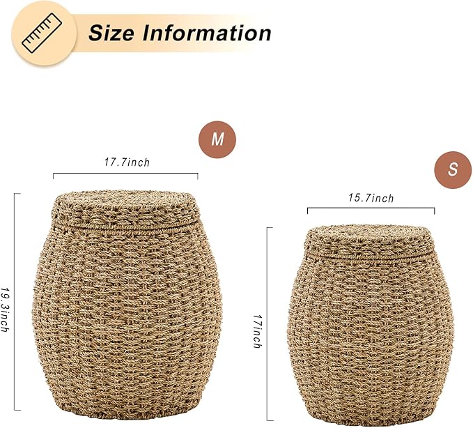 Round Wicker Basket with Lid, Handwoven Seagrass Storage Basket, Blanket Organizer Basket for Laundry, Bathroom, Bedroom, Living Room, Office