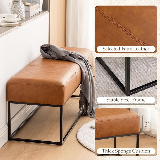 Entryway Bench for Bedroom End of Bed, Modern Ottoman with Faux Leather Upholstered Seating, Metal Frame Leather Bench for Bedroom Living Room Entryway [47'', Vintage Brown]