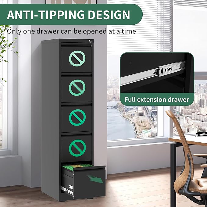 File Cabinet, Vertical File Cabinets with Lock for Home Office,Heavy Duty Office Steel Filing Cabinet for Hanging Letters/Legal/A4, Assembly Required (Black, 5 Drawers)