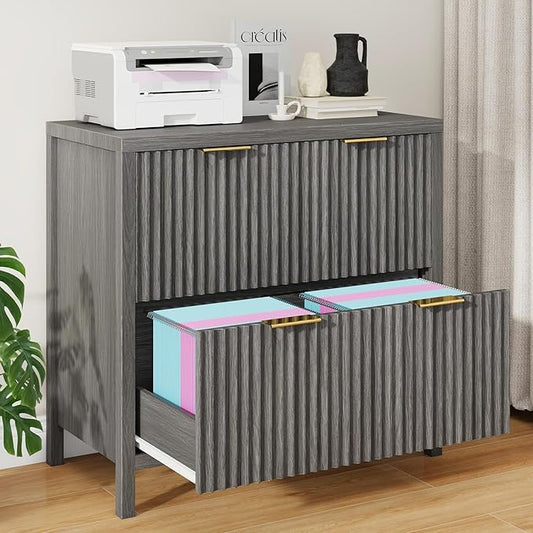 2-Drawer Fluted File Cabinet, Lateral Filing Cabinet for Home Office Printer Stand for A4 Letter Legal Size Documents