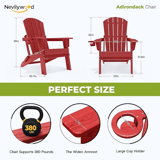 nevilywood Folding Adirondack Chair with Cup Holder Set of 4, HDPE Patio Chairs,All-Weather Outdoor Chairs for Backyard, Deck,Fire Pit-Red