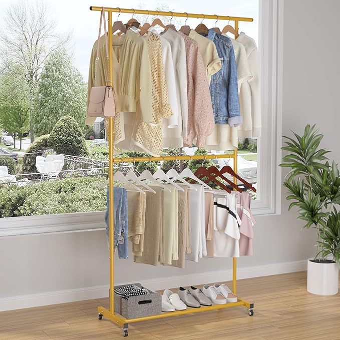 Sywhitta Double Rod Clothing Garment Rack, Rolling Clothes Organizer on Wheels for Hanging Clothes, Easy to Assemble, Adjustable, Gold