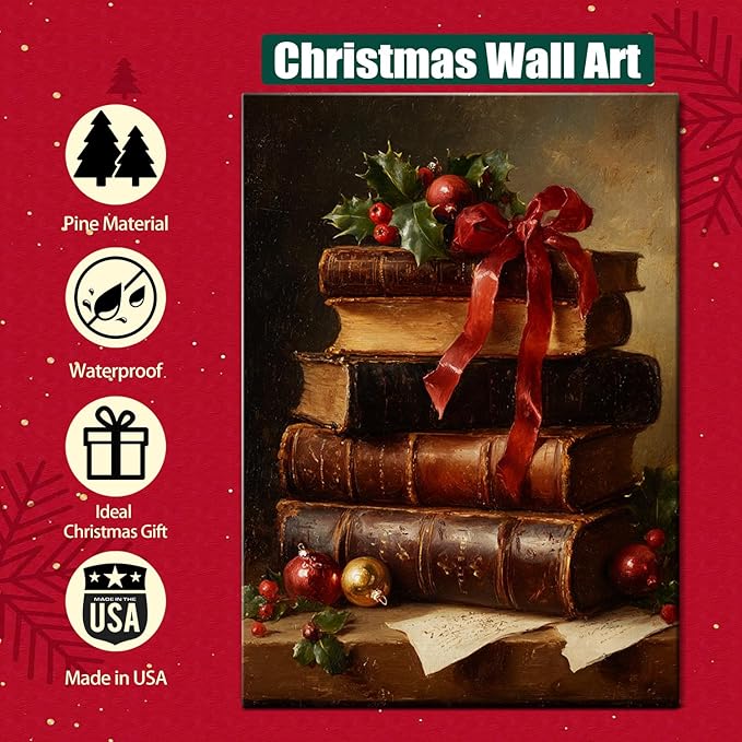 Dark Academia Christmas Canvas Wall Art - Vintage Books & Holly Framed Print for Library Reading Nook, Moody Winter Decor, Unique Christmas Gifts for Book Lovers & Festive Decorations