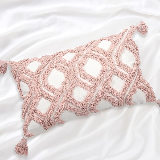 Boho Pillow Covers 12X20 Inch Boho Tufted Throw Pillow Covers Decorative Tassels Cushion Cover Farmhouse Pillow Case for Couch Sofa Bed Living Room Bedroom, Blush