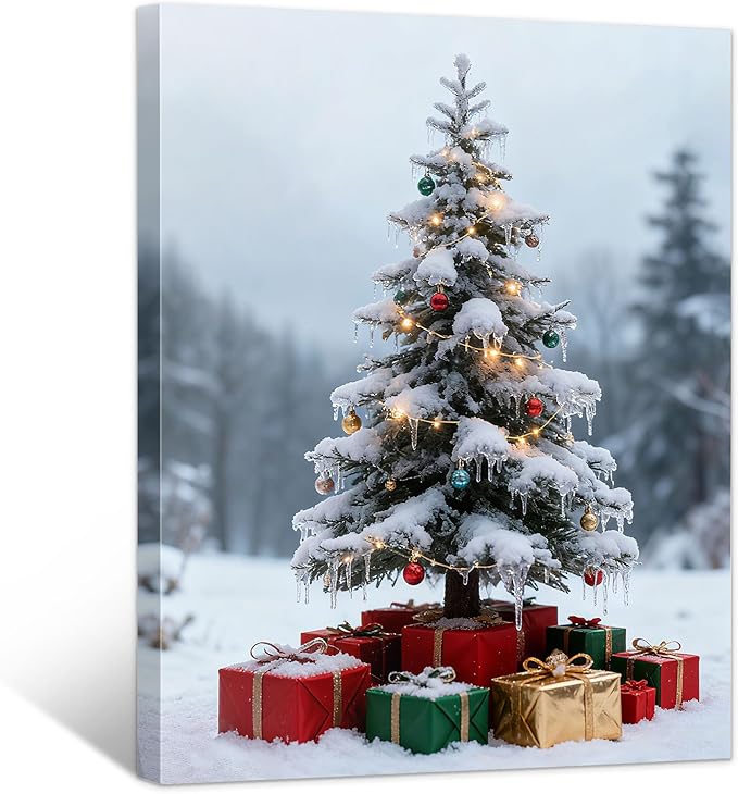 Framed Christmas Pictures Wall Decor,Vintage Pine Tree Prints,Winter Christmas Canvas Wall Art Decoration for Bedroom Bathroom Living Room Rustic Xmas Holiday Gifts (Christmas Tree 11, 16'' X 20'')