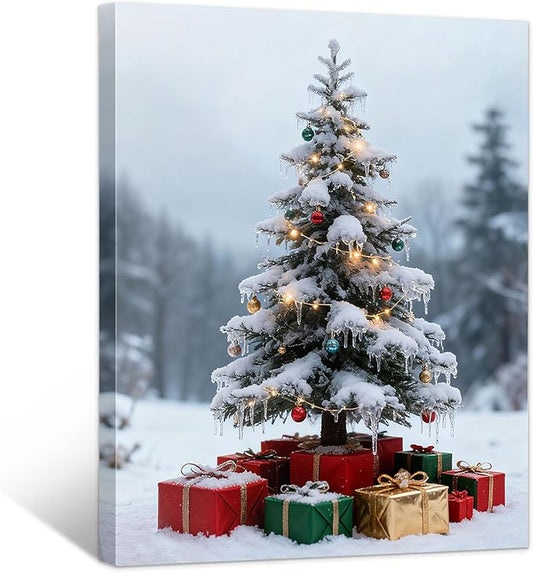 Framed Christmas Pictures Wall Decor,Vintage Pine Tree Prints,Winter Christmas Canvas Wall Art Decoration for Bedroom Bathroom Living Room Rustic Xmas Holiday Gifts (Christmas Tree 11, 16'' X 20'')