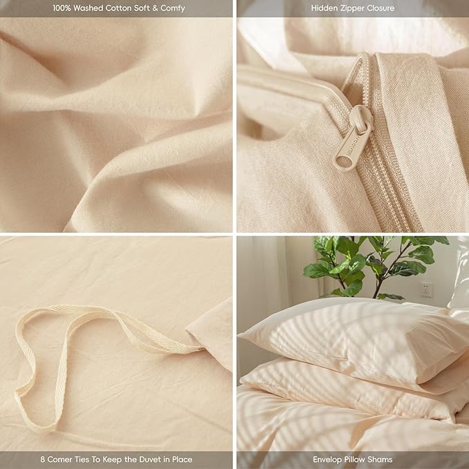 MooMee Bedding Duvet Cover Set 100% Washed Cotton Linen Like Textured Breathable Durable Soft Comfy (Solid Sandy Beige, Cal King 104"x98")