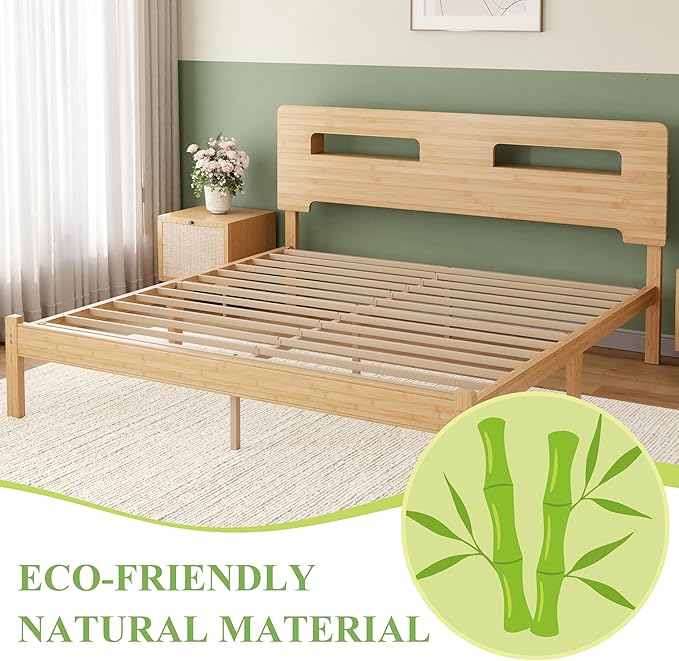 ZIYOO Solid Bamboo Wood King Size Bed Frame with Storage Headboard, 14 inch Platform King Bed Frame No Box Spring Needed with Steel Slats, Sturdy and Stable, Easy Assembly, Noise Free