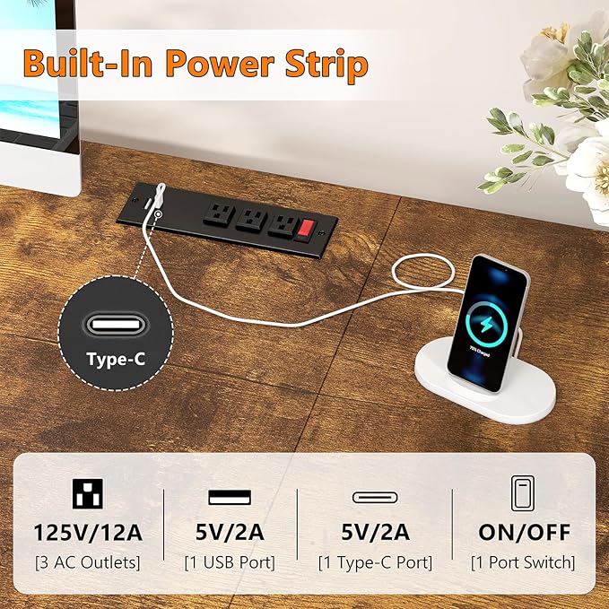 60 Inch Computer Desk with 8 Drawers, Home Office Desk with Power Outlets, Work Study Gaming Desk with 8 Fabric Drawers, Rustic Brown