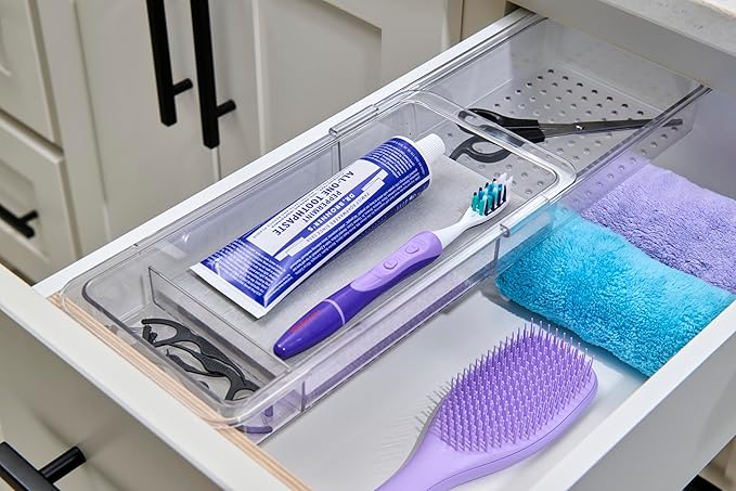 madesmart Expandable Dental Tray Drawer Organizer with Drying Stone, Clear Plastic Drawer Organizer for Toothbrush, Dental Floss, Water Flosser, Mouthwash