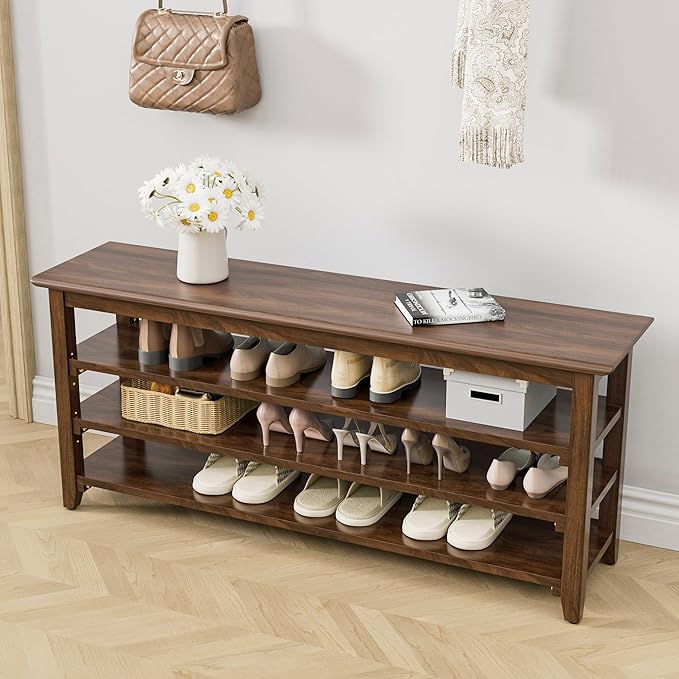 Wooden Storage Shoe Bench, Entryway Bench with 3-Tiers Height Adjustable, Shoe Rack Front Doors Entrances for Hallway Living Room,Mudrooms (Brown,47.2")
