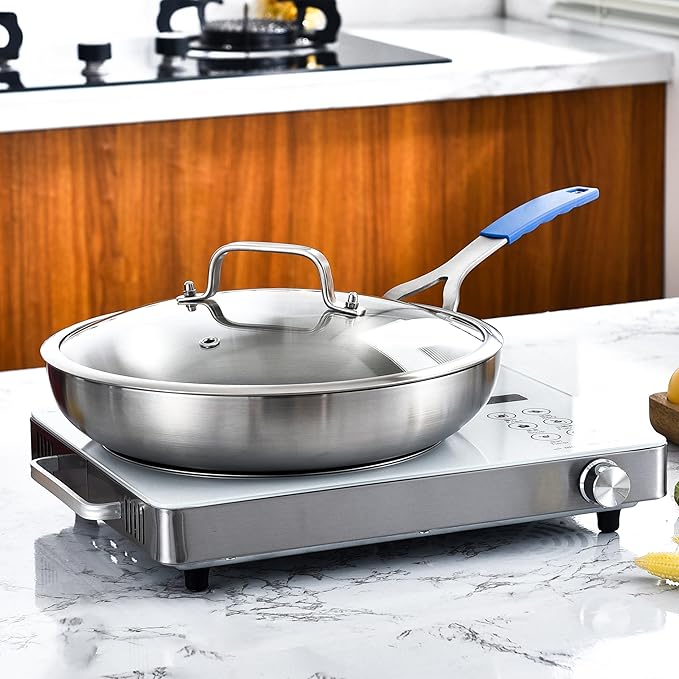 Inqibee 12 Inch Tri-Ply Stainless Steel Frying Pan with Lid,Skillet,Induction Cooking Pan,Dishwasher Safe and Detachable Handle