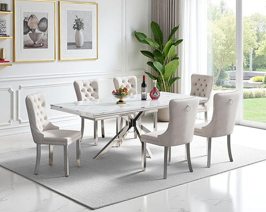Goujxcy Luxury Dining Table Set for 6 Modern 7 Piece Faux Marble Dining Table Set with 6 Tufted Upholstered Chairs, 70" Faux Marble Kitchen Table & 6 Chairs with Mirrored Stainless Steel Base