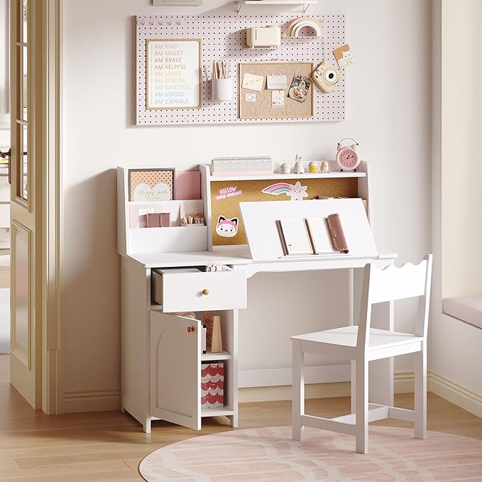 Treocho Kids Study Desk and Chair Set, Kids Desks with Hutch and Tiltable Desktop for 5-12 Years Old, Wooden Children Study Table with Fabric Drawers, Student Writing Desk Bedroom, Home School，White