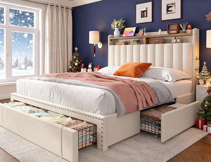 EnHomee Queen Size Bed Frame, Upholstered Queen Bed Frame with 3 Storage Drawers & 2-Tier Headboard Shelves, 1100LBS Heavy Duty, No Box Spring Needed, Easy Assembly, Beige