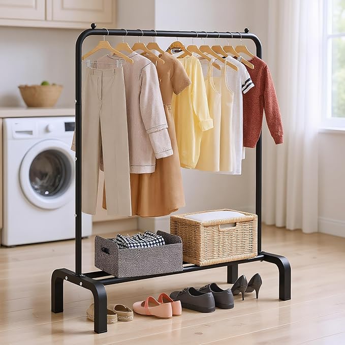 JIUYOTREE Standard Clothes Clothing Garment Rack with Storage Shelves Clothes Organizer for Hanging Clothes Coat Jacket Shirt Sweater Jeans Black