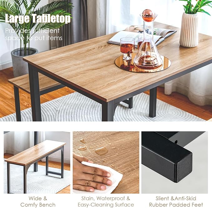 NAFORT 3-Piece Modern Dining Table Set for 4, 43.5" x 27.5" x 29.5", Black, Space-Saving with Under-Bench Storage, MDF Wood & Metal Frame, Ideal for Home & Restaurant