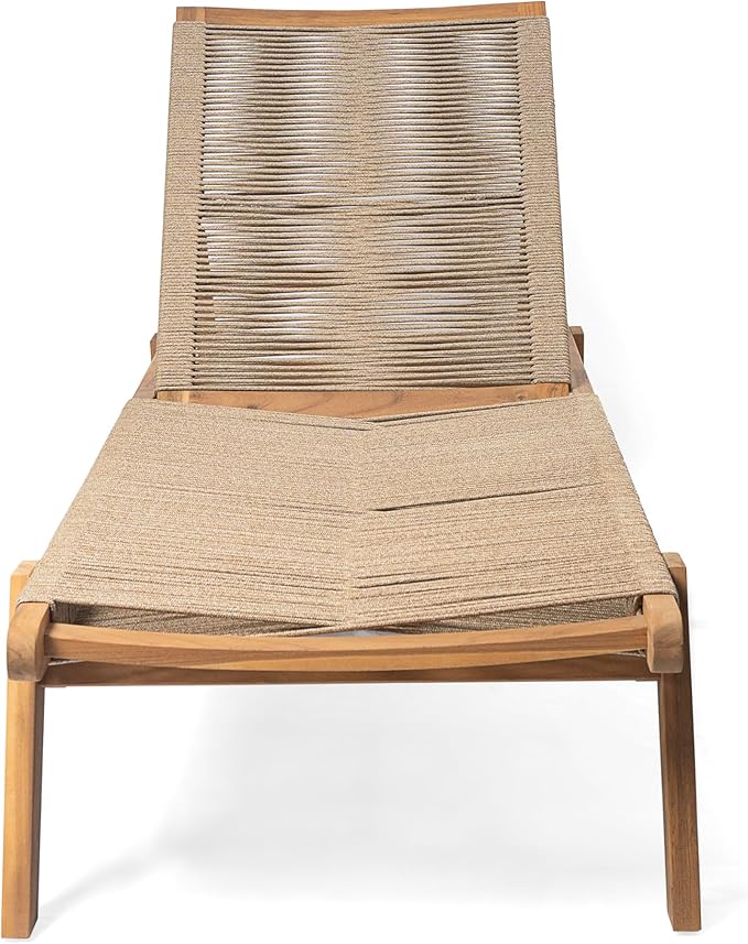 Christopher Knight Home Lurelala Set of 4 Outdoor Patio Wood Adjustable Chaise Lounges with Rope Seating, Rope Chaise Lounge with Acacia Wood Frame, Chaise Lounge for Poolside Balcony, Teak+Beige
