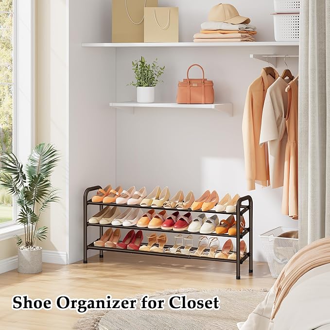 3 Tier Shoe Organizer, Shoe Rack for Closet, 28“ Metal Shelf Can Expandable to 42“, for Bedroom, Entryway, Closet, Garage, Adjustable to 18 Pairs Shoes, Brown