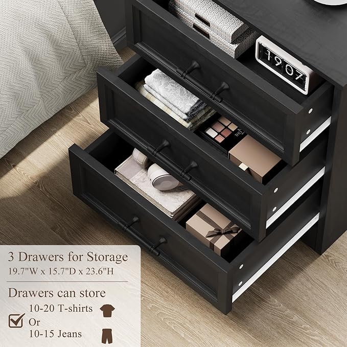 Farmhouse Nightstand with Charging Station, Black Wood Bedside Table & End Table with 3 Drawers and Unique Base Design, Side Table Storage Cabinet with Metal Handles for Bedroom, Living Room