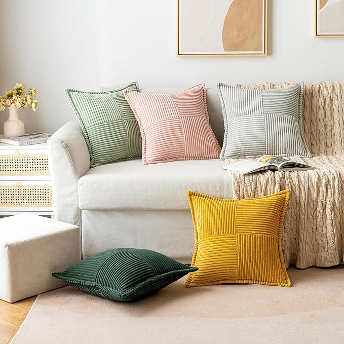 MIULEE Christmas Decorative Throw Pillow Covers for Couch Bed Livingroom 12x12 Inch Set of 2 Dark Green Boho Accent Throw Pllows Broadside Striped Patchwork Soft Corduroy Pillowcases