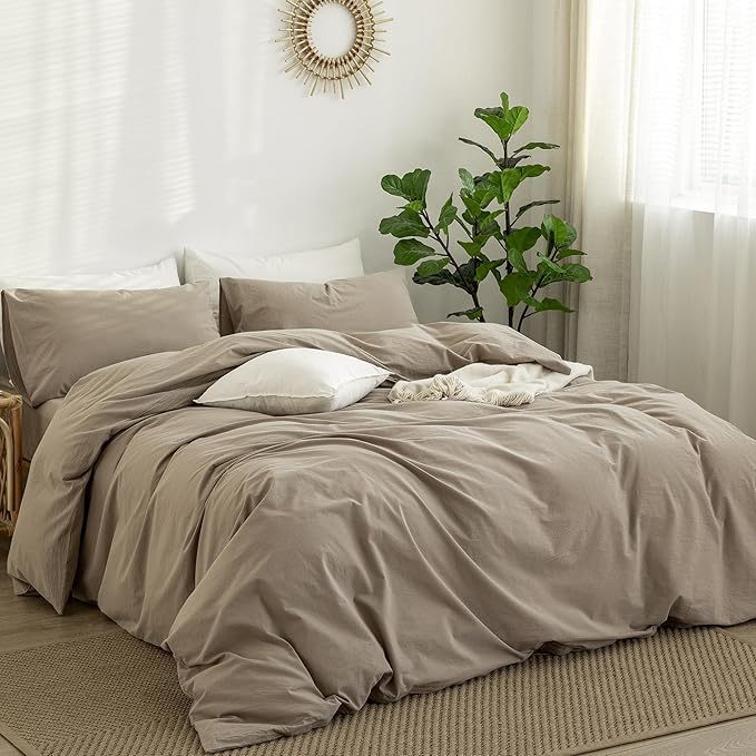 MooMee Bedding Duvet Cover Set 100% Washed Cotton Linen Like Textured Breathable Durable Soft Comfy (Solid Light Camel, Cal King 104"x98")