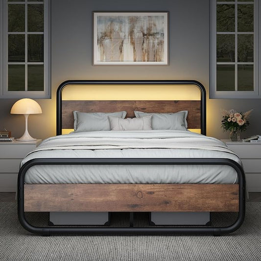 Catrimown Full Size Bed Frame, Heavy Duty Metal Rustic Platform Bed Frame with LED Wood Headboard and Footboard, Wooden Platform Bed Frame with Under Bed Storage, No Box Spring Needed, Rustic Brown