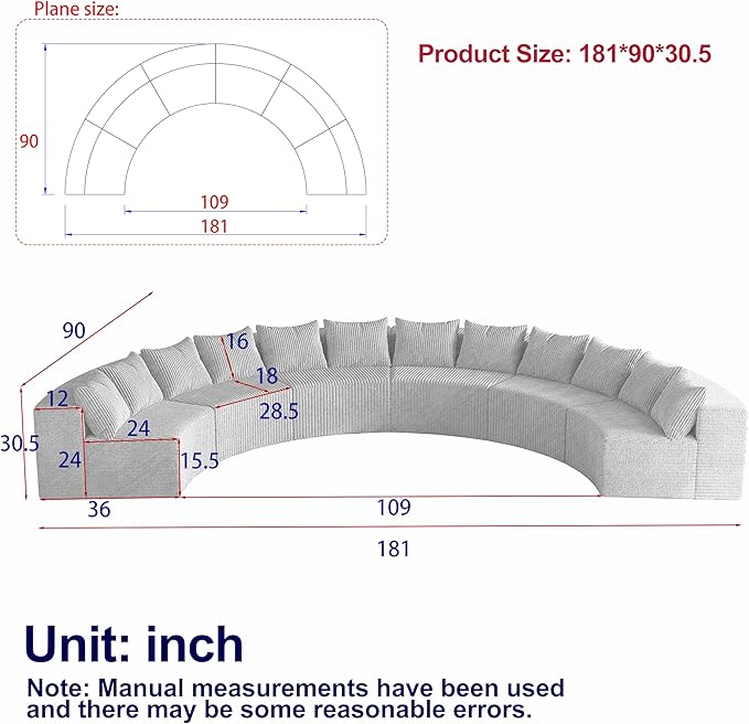 KEIKI Corduroy Curved Sectional Sofa, 6 Seater Symmetrical Modular Semi Circular Couch, Deep Seat Tufted Corner Sofa for Living Room, Lobby, Beige