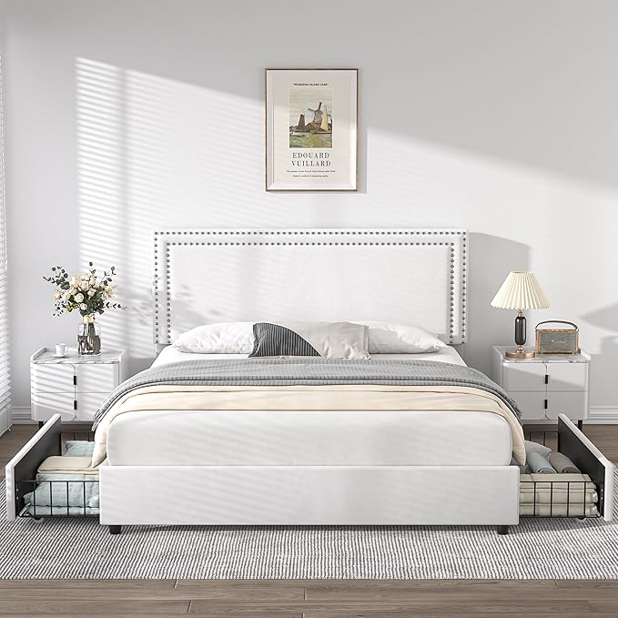 VECELO Queen Size Upholstered Platform Bed Frame with 4 Storage Drawers, Adjustable Velvet Rivets Headboard, Wooden Slats Support, No Box Spring Needed, Easy Assembly