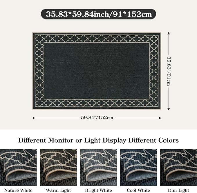 OJIA Easy Jute Front Door Mats Black Outdoor Rug 3x5, Washable Entryway Rug Indoor Doormat Bordered Indoor Outdoor Rugs Non-Slip Entry Rugs Farmhouse Area Rug for Porch Kitchen Living Room