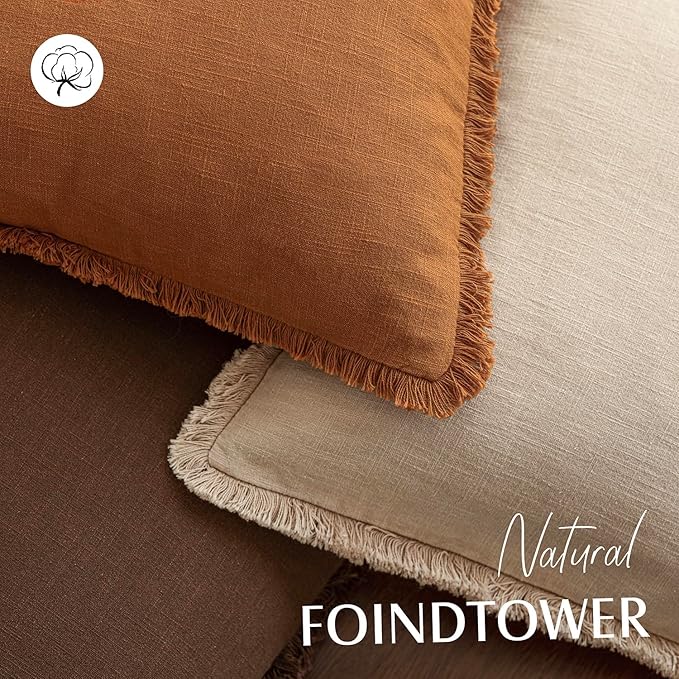 Foindtower Set of 2 Decorative Linen Fringe Throw Pillow Covers Cozy Boho Farmhouse Cushion Cover with Tassels Soft Accent Pillowcase for Couch Sofa Bed Living Room Home Decor, 16×16 Inch, Orange