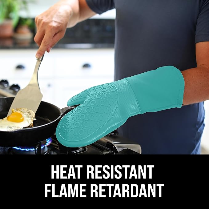 BPA-Free Soft Silicone Oven Mitts - Ultra Heat Resistant Oven Mitts with Thick Cotton Liner - Long Slip Resistant Pot Holders, Flexible Oven Gloves - Turquoise 13.7"