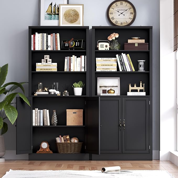 71.4" Tall Bookshelf with Cabinet, 5-Tier Floor Standing Bookcase with Doors & Adjustable Shelves, 31.5" Wide Storage Shelf, Metal Handles, Modern Organizer for Home Office, Living Room