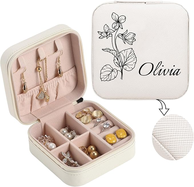 Personalized Jewelry Boxes for Women, Custom Travel Jewelry Case with Name and Birth Flower Month, Portable Jewelry Box Organizer for Mom Birthday Gifts (Customizable)