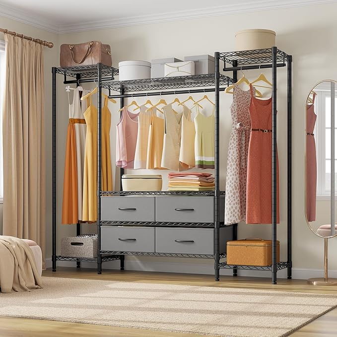 VIPEK V20 Wire Garment Rack Heavy Duty Clothes Rack, Metal Clothing Rack with 6 Shelves, 3 Hang Rods & 4 Fabric Drawers, Compact Wardrobe Closet, 56.7" L x 14.6" W x 70.9" H, Black