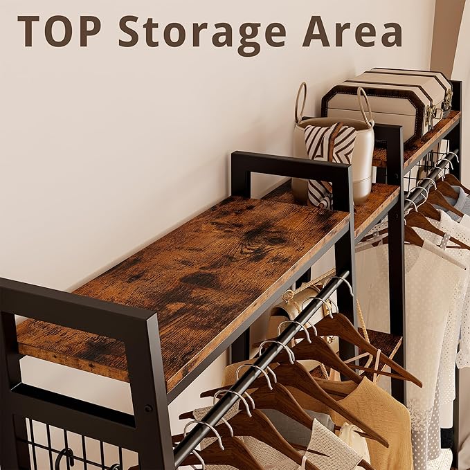 IRONCK Garment Rack and Storage Shelves, Heavy Duty Closet Rack with Hanging Rods,4 Drawers, T Shaped Coat Rack Closet Organizer, Vintage Brown