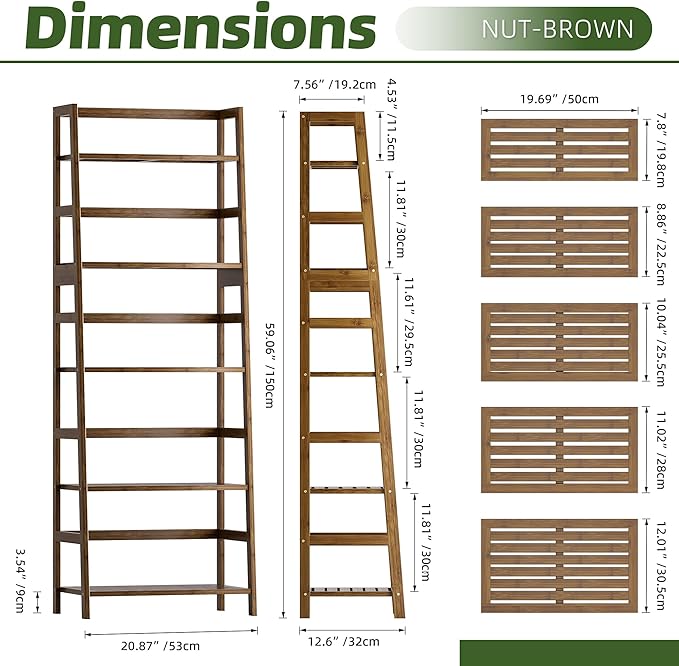 Ladder Shelf, 5-Tier Bookshelf, All Bamboo Heavy Duty Bookcase, Freestanding Open Wood Storage Rack, Modern Corner Display Plant Stand for Living Room, Home Office, Bathroom, Bedroom, Walnut