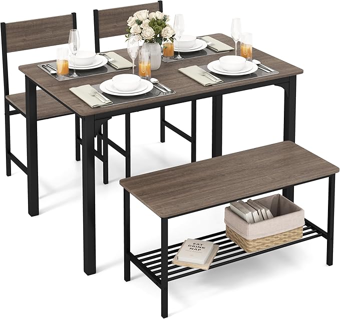 Tangkula Dining Table Set for 4, Kitchen Table and 2 Chairs for 4 with Bench, 4 Piece Dining Table Set for Small Space, Apartment