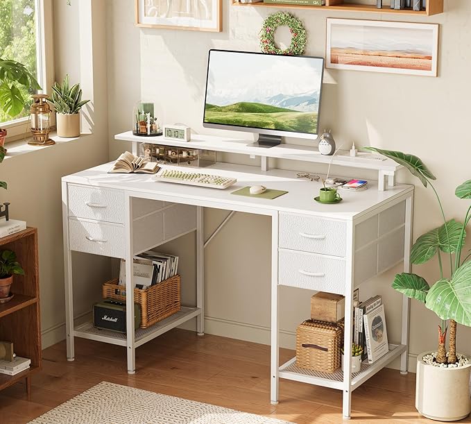 Huuger 47 inch Computer Desk with 4 Drawers, Gaming Desk with LED Lights & Power Outlets, Home Office Desk with Large Storage Space for Bedroom, Work from Home, White