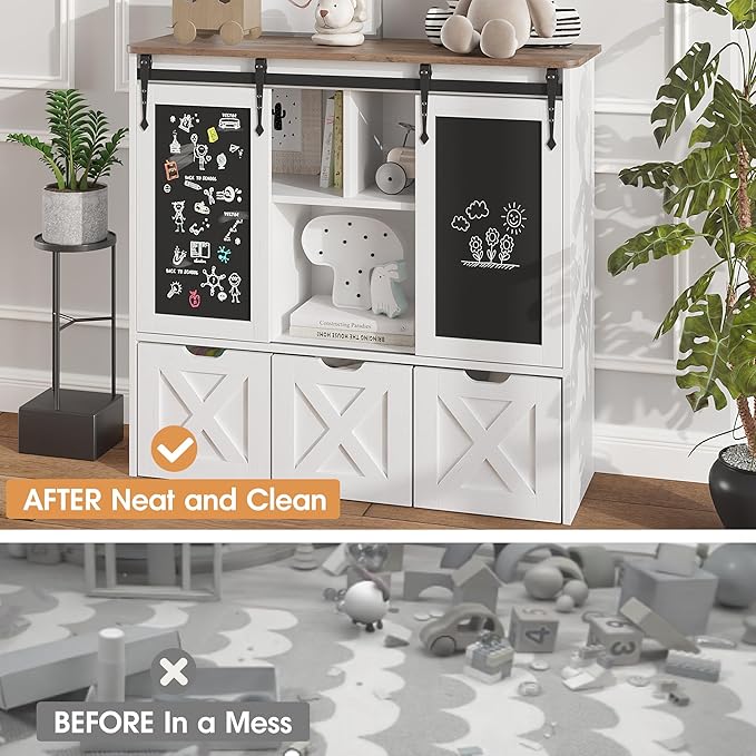 Vabches Toy Storage Organizer with Sliding Blackboard, Kids Bookshelf and Bookcase with 3 Movable Drawers & 5 Storage Cubbies, Multifunctional Storage Cabinet Toy Chest for Playroom,Nursery, Kids Room