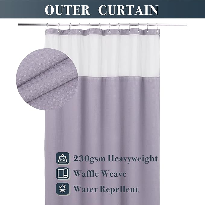N&Y HOME Waffle Weave Shower Curtain with Snap-in Fabric Liner & 12 Metal Hooks Set - Hotel Style, Waterproof & Washable, Heavyweight Fabric & Mesh Top Window - 71x72, Lavender