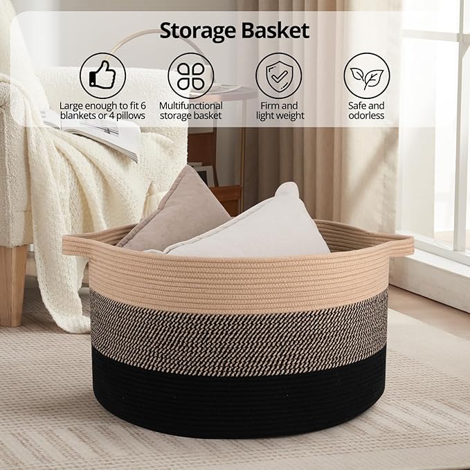 OIAHOMY Extra Large Storage Basket, 23" x 13" Woven Blanket Storage for Living Room, Round Laundry Basket for Pillow-Yellow and Black