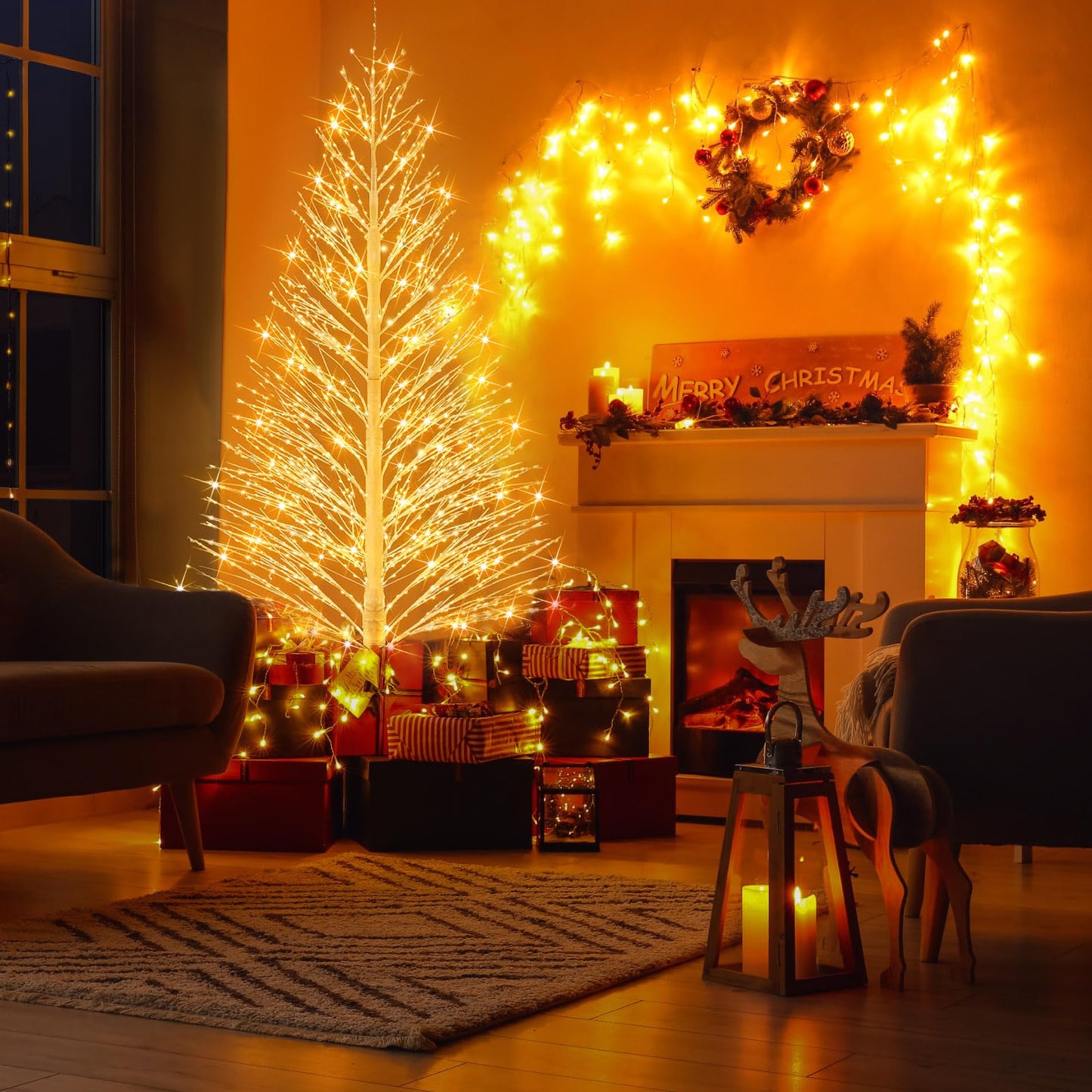 Rossesay 1 Pack 6ft-1100led Christmas Lighted Birch Tree LED Warm White Lights Twinkle Twig Artificial Tree Light for Outdoor Indoor Home Holidays Party Decorations, 8 Modes